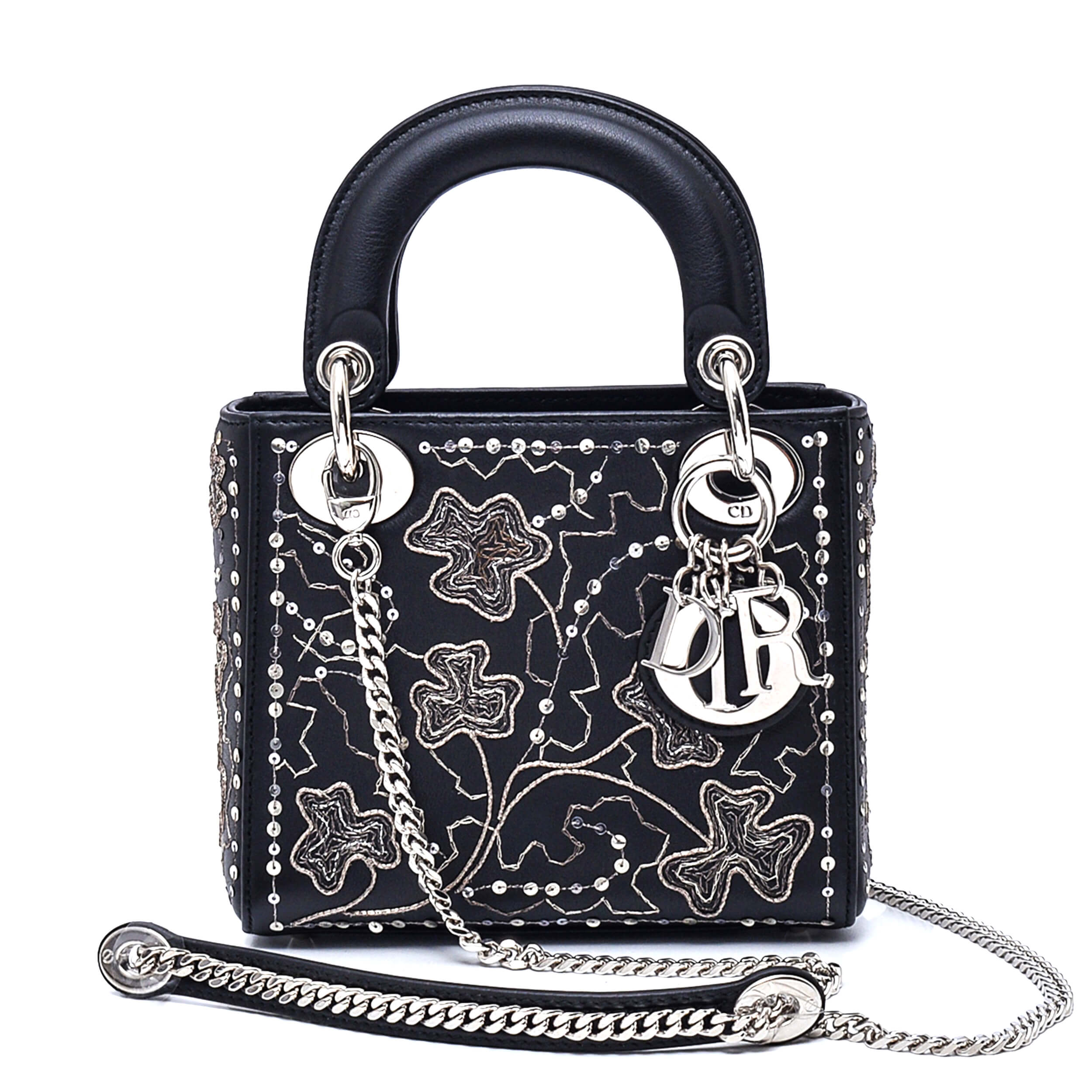 Christian Dior - Black&Sequin Floral Embroidered 2019 Collect Mini Lady Dior Bag with Chain Strap